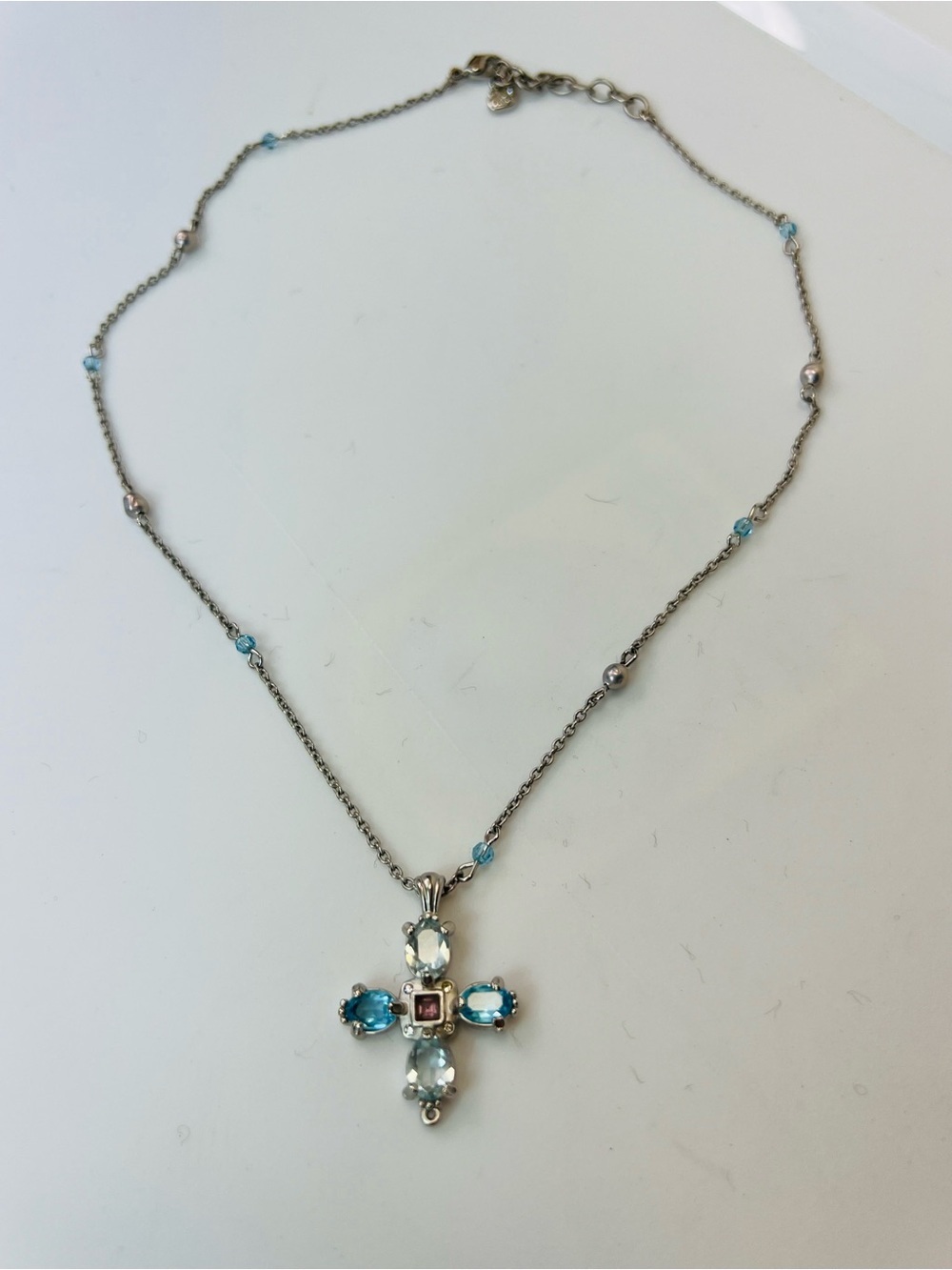 Swarovski Crystal Cross Necklace Sterling Silver Blue Crystal & Pink Accent Swan - Picture 2 of 8